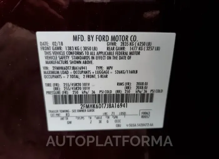 FORD FLEX LIMIT 2018 vin 2FMHK6DT7JBA16941 from auto auction Copart