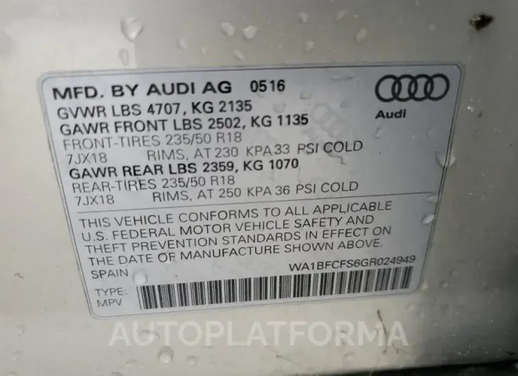 AUDI Q3 PREMIUM 2016 vin WA1BFCFS6GR024949 from auto auction Copart