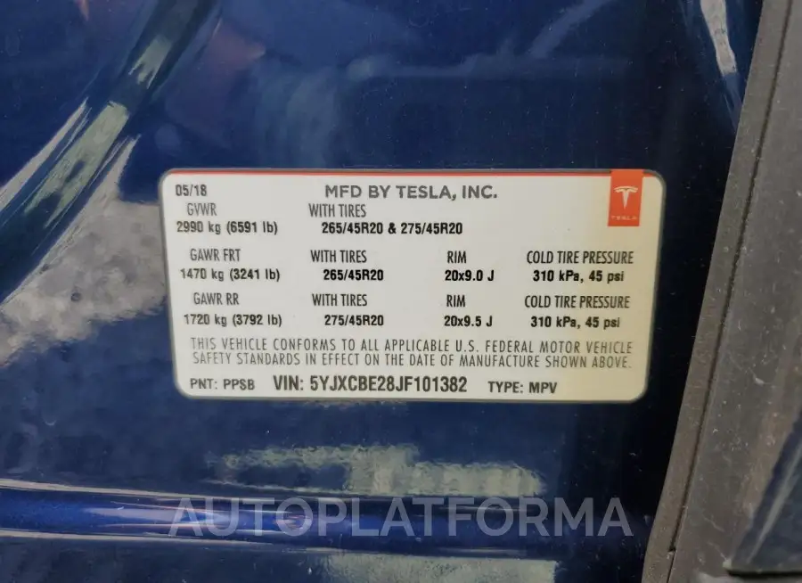 TESLA MODEL X 2018 vin 5YJXCBE28JF101382 from auto auction Copart