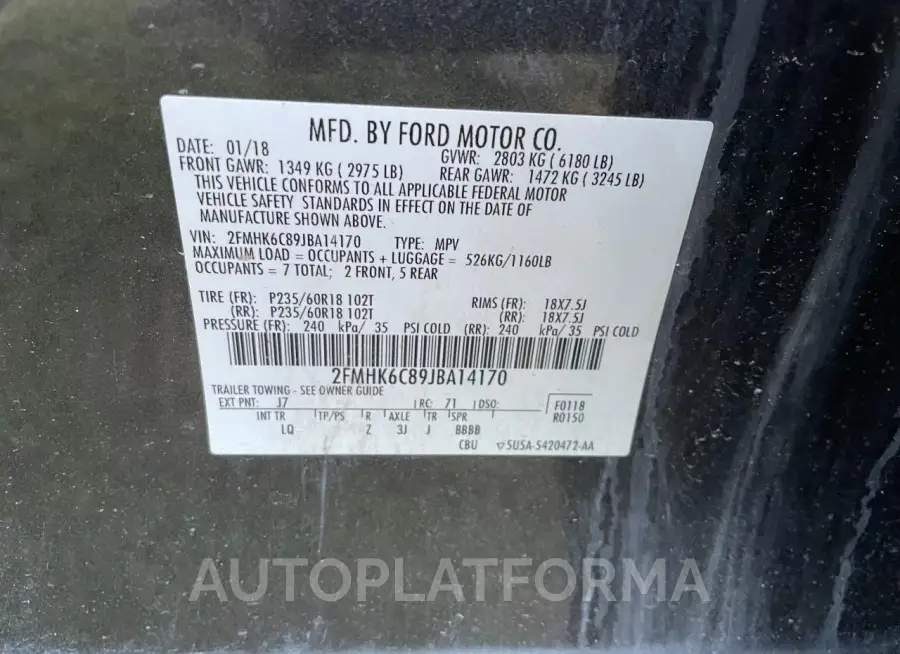 FORD FLEX SEL 2018 vin 2FMHK6C89JBA14170 from auto auction Copart