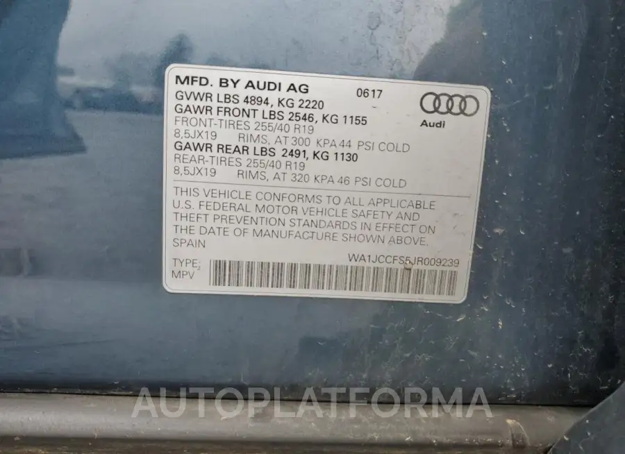 AUDI Q3 PREMIUM 2018 vin WA1JCCFS5JR009239 from auto auction Copart