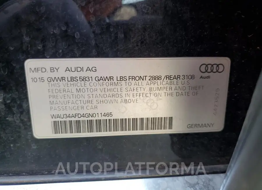 AUDI A8 L QUATT 2016 vin WAU34AFD4GN011465 from auto auction Copart