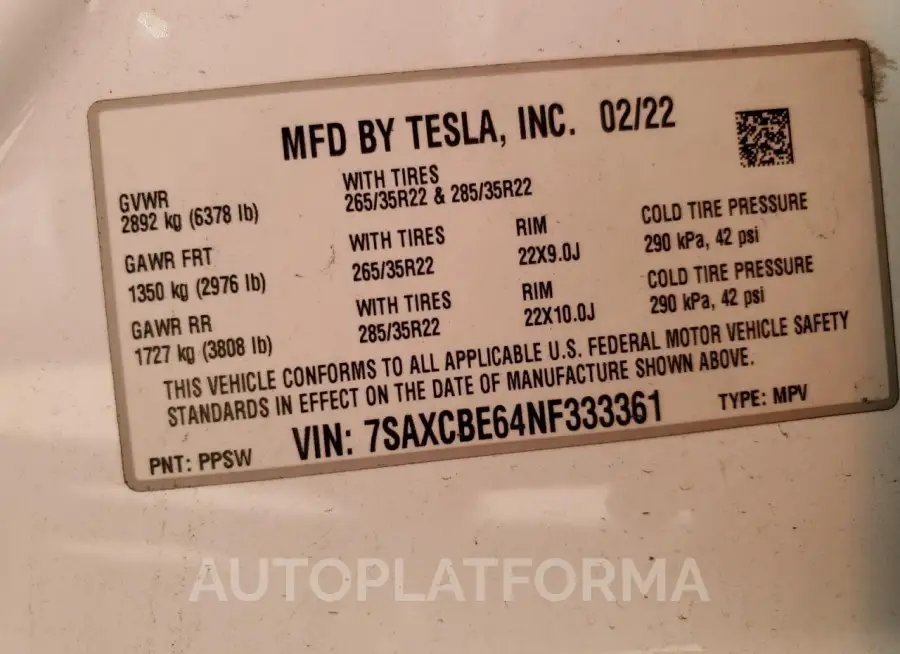 TESLA MODEL X 2022 vin 7SAXCBE64NF333361 from auto auction Copart