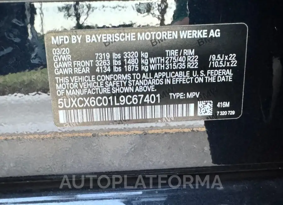 BMW X7 M50I 2020 vin 5UXCX6C01L9C67401 from auto auction Copart