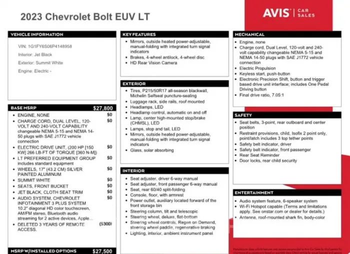 CHEVROLET BOLT EUV L 2023 vin 1G1FY6S06P4148958 from auto auction Copart