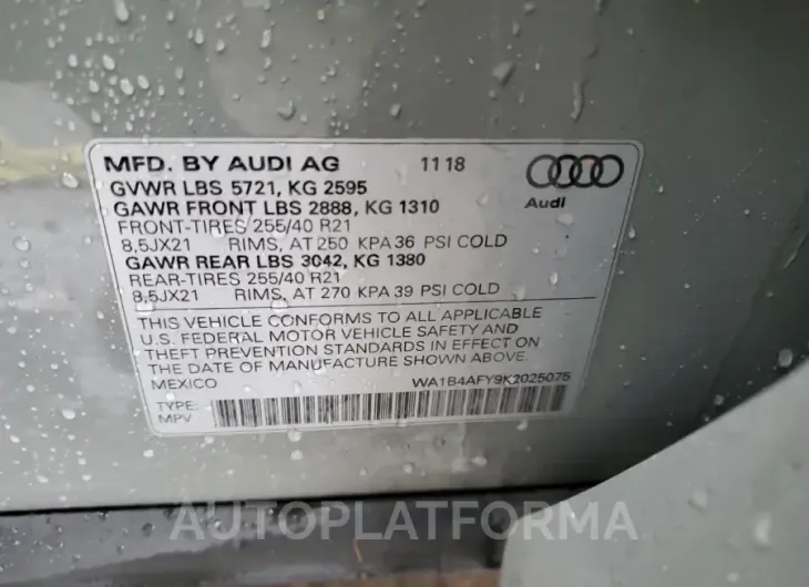 AUDI SQ5 PREMIU 2019 vin WA1B4AFY9K2025075 from auto auction Copart