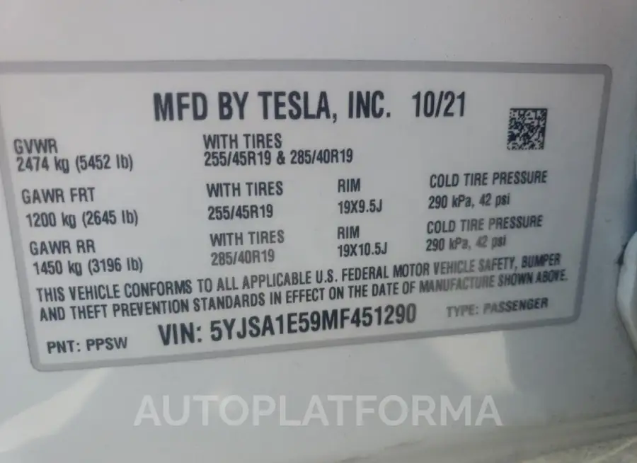 TESLA MODEL S 2021 vin 5YJSA1E59MF451290 from auto auction Copart