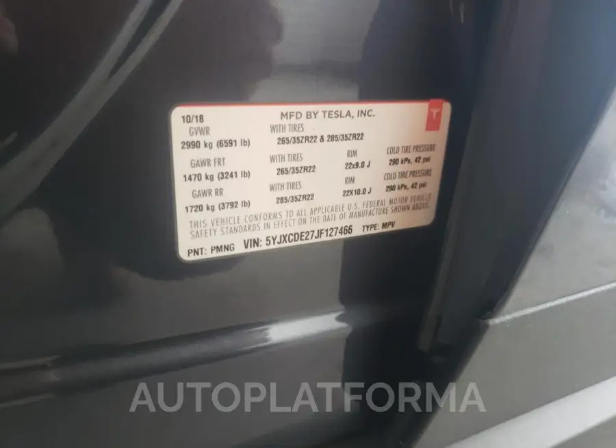 TESLA MODEL X 2018 vin 5YJXCDE27JF127466 from auto auction Copart