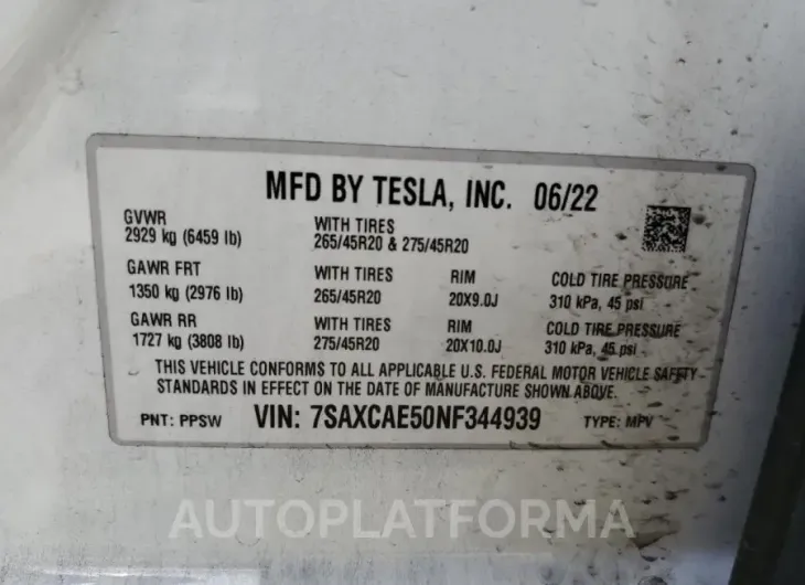 TESLA MODEL X 2022 vin 7SAXCAE50NF344939 from auto auction Copart