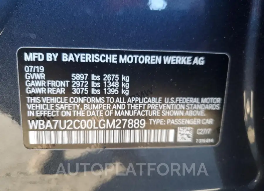 BMW 750 XI 2020 vin WBA7U2C00LGM27889 from auto auction Copart