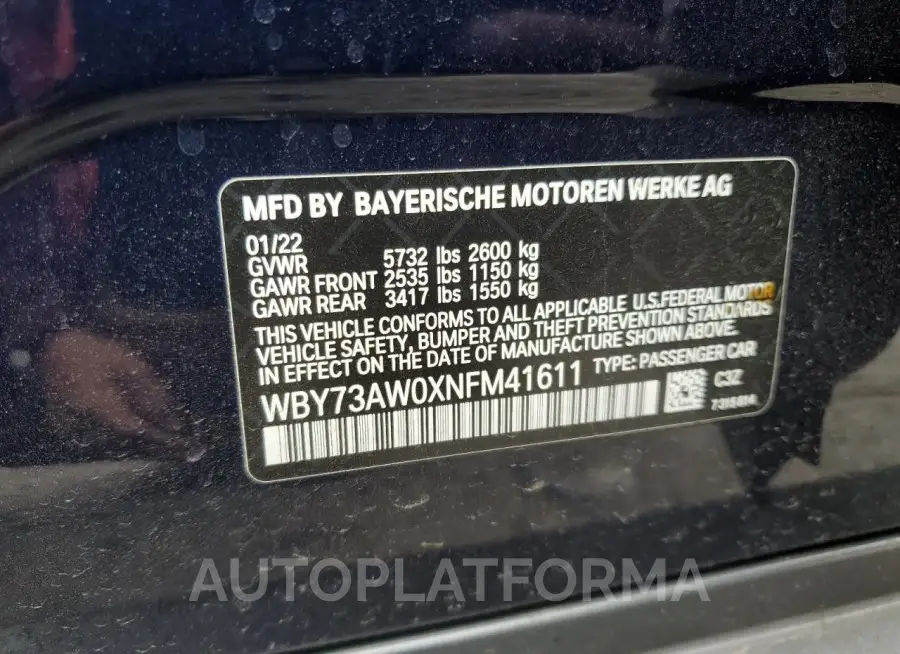 BMW I4 EDRIVE4 2022 vin WBY73AW0XNFM41611 from auto auction Copart