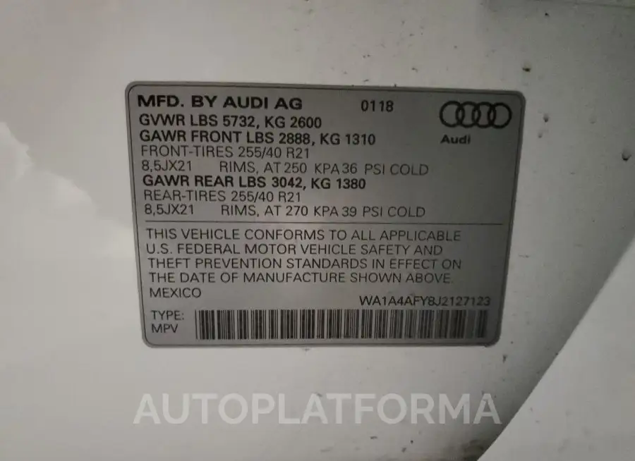 AUDI SQ5 PREMIU 2018 vin WA1A4AFY8J2127123 from auto auction Copart