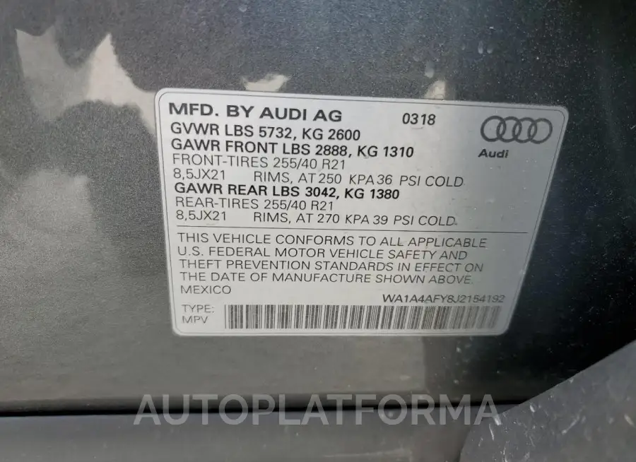 AUDI SQ5 PREMIU 2018 vin WA1A4AFY8J2154192 from auto auction Copart