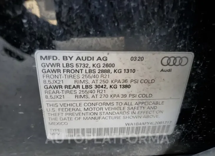 AUDI SQ5 PREMIU 2020 vin WA1B4AFY4L2081717 from auto auction Copart