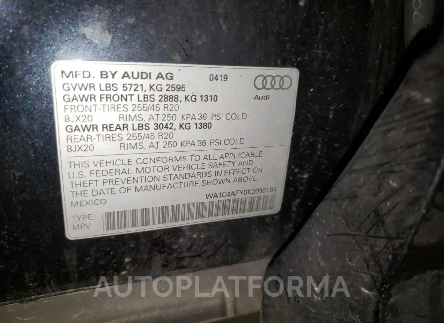 AUDI SQ5 PRESTI 2019 vin WA1C4AFY0K2096184 from auto auction Copart