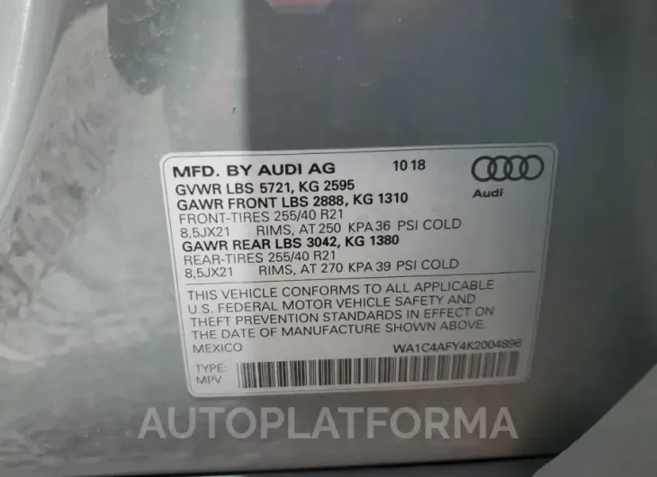 AUDI SQ5 PRESTI 2019 vin WA1C4AFY4K2004896 from auto auction Copart