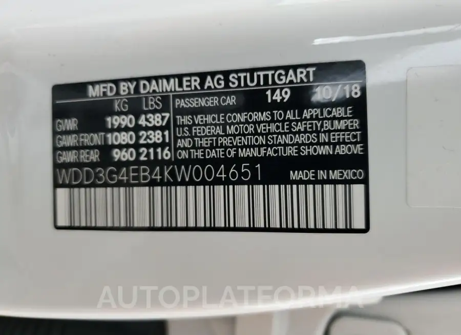 MERCEDES-BENZ A 220 2019 vin WDD3G4EB4KW004651 from auto auction Copart