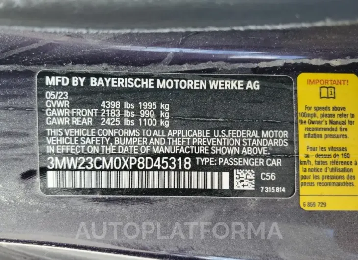 BMW 230I 2023 vin 3MW23CM0XP8D45318 from auto auction Copart