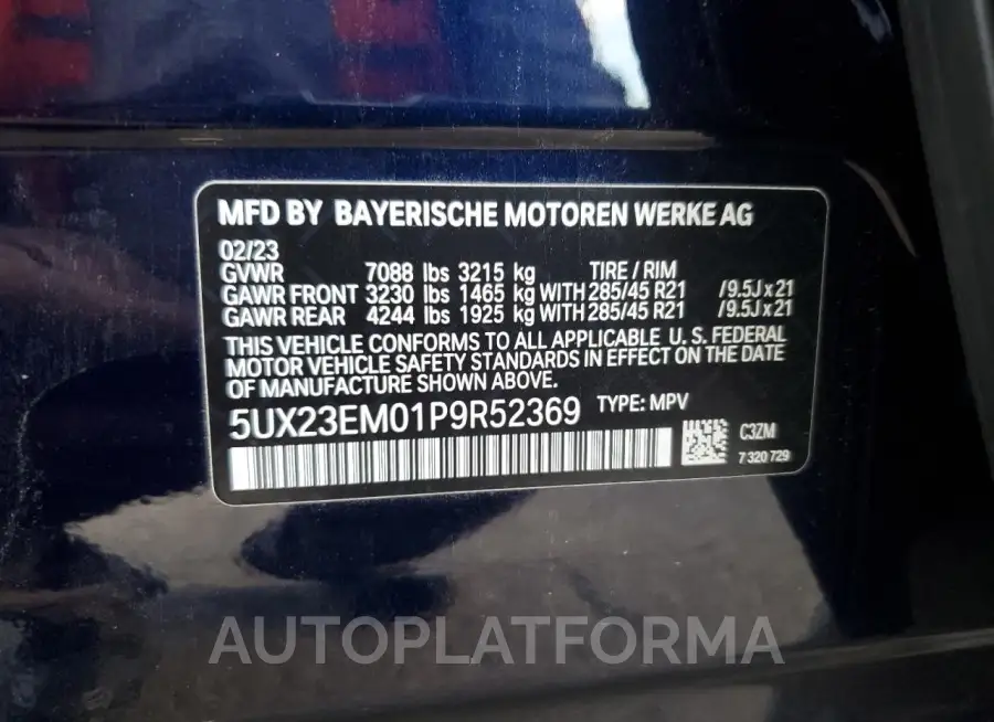 BMW X7 XDRIVE4 2023 vin 5UX23EM01P9R52369 from auto auction Copart