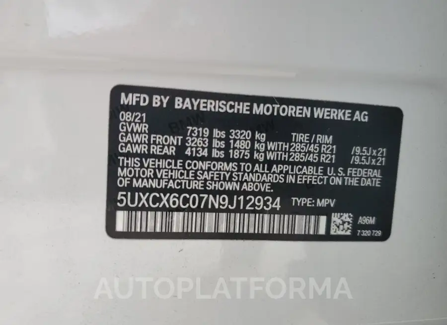 BMW X7 M50I 2022 vin 5UXCX6C07N9J12934 from auto auction Copart