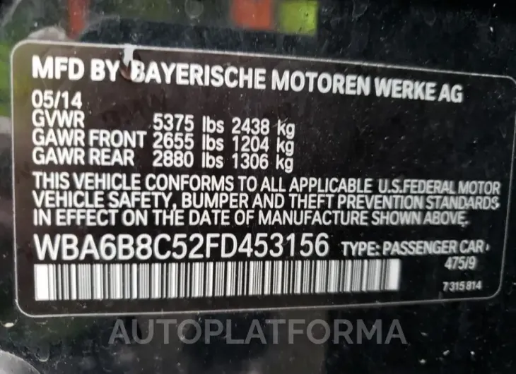 BMW 640 XI GRA 2015 vin WBA6B8C52FD453156 from auto auction Copart