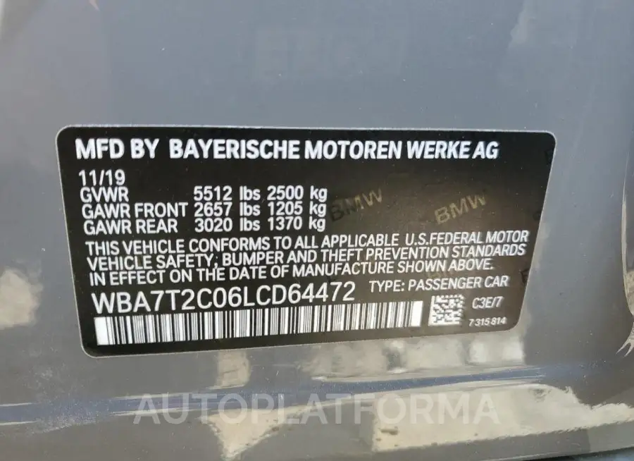 BMW 740 I 2020 vin WBA7T2C06LCD64472 from auto auction Copart