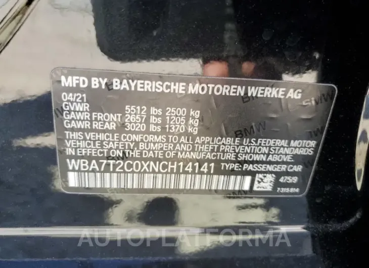 BMW 740 I 2022 vin WBA7T2C0XNCH14141 from auto auction Copart