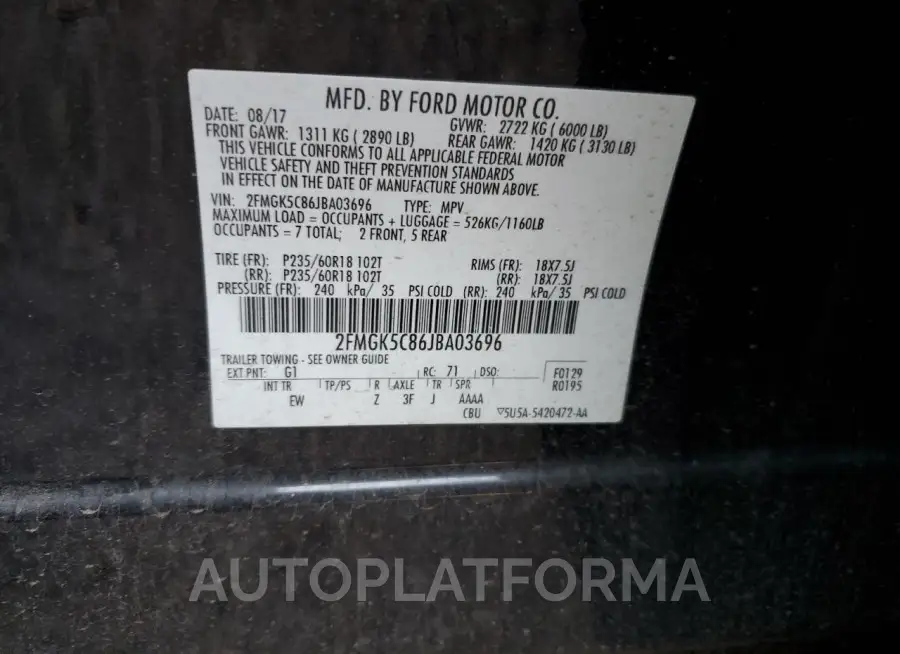 FORD FLEX SEL 2018 vin 2FMGK5C86JBA03696 from auto auction Copart