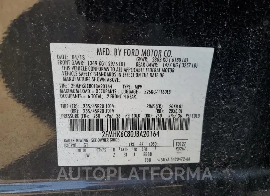 FORD FLEX SEL 2018 vin 2FMHK6C80JBA20164 from auto auction Copart