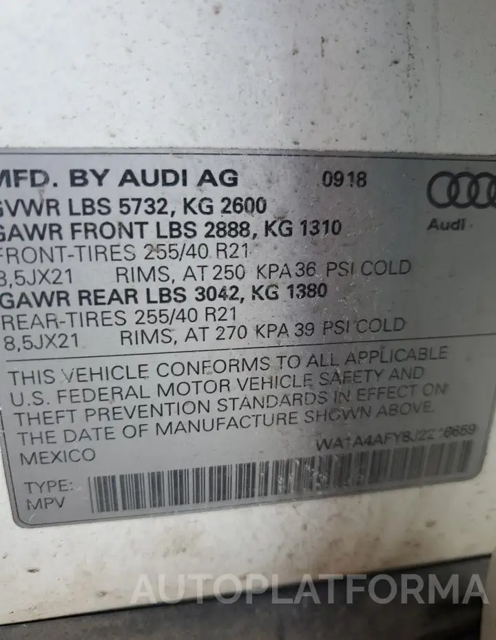 AUDI SQ5 PREMIU 2018 vin WA1A4AFY8J2246659 from auto auction Copart