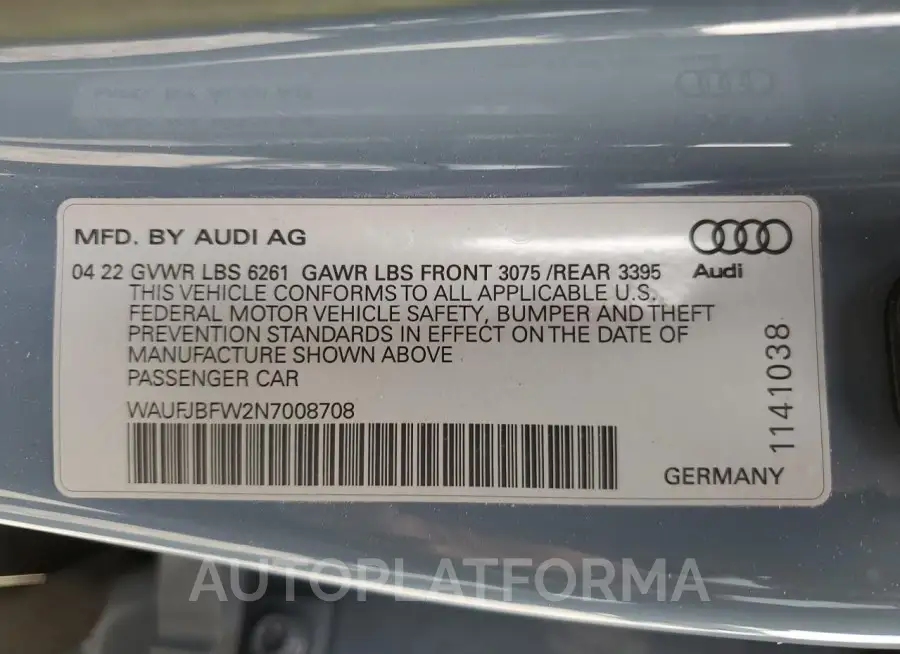 AUDI E-TRON GT 2022 vin WAUFJBFW2N7008708 from auto auction Copart