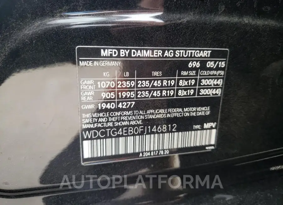 MERCEDES-BENZ GLA 250 2015 vin WDCTG4EB0FJ146812 from auto auction Copart