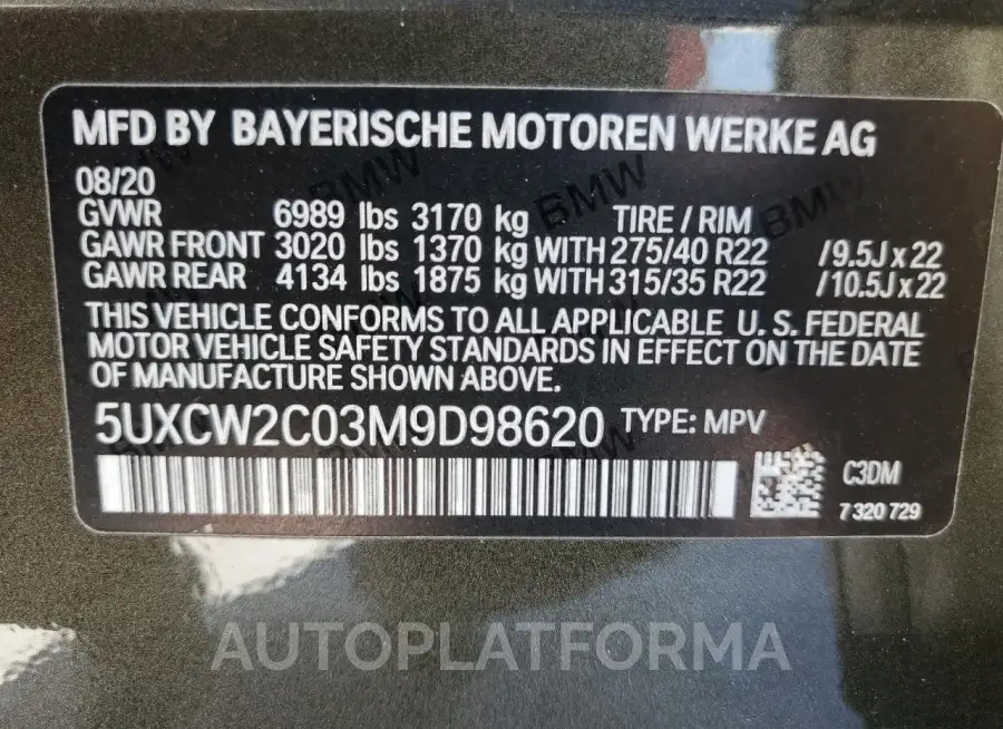 BMW X7 XDRIVE4 2021 vin 5UXCW2C03M9D98620 from auto auction Copart