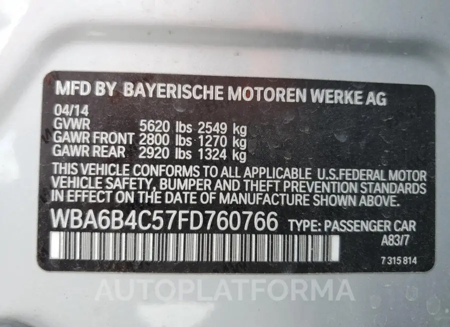 BMW 650 XI GRA 2015 vin WBA6B4C57FD760766 from auto auction Copart