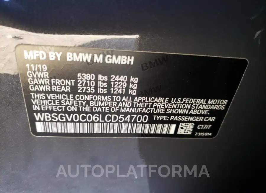 BMW M8 2020 vin WBSGV0C06LCD54700 from auto auction Copart