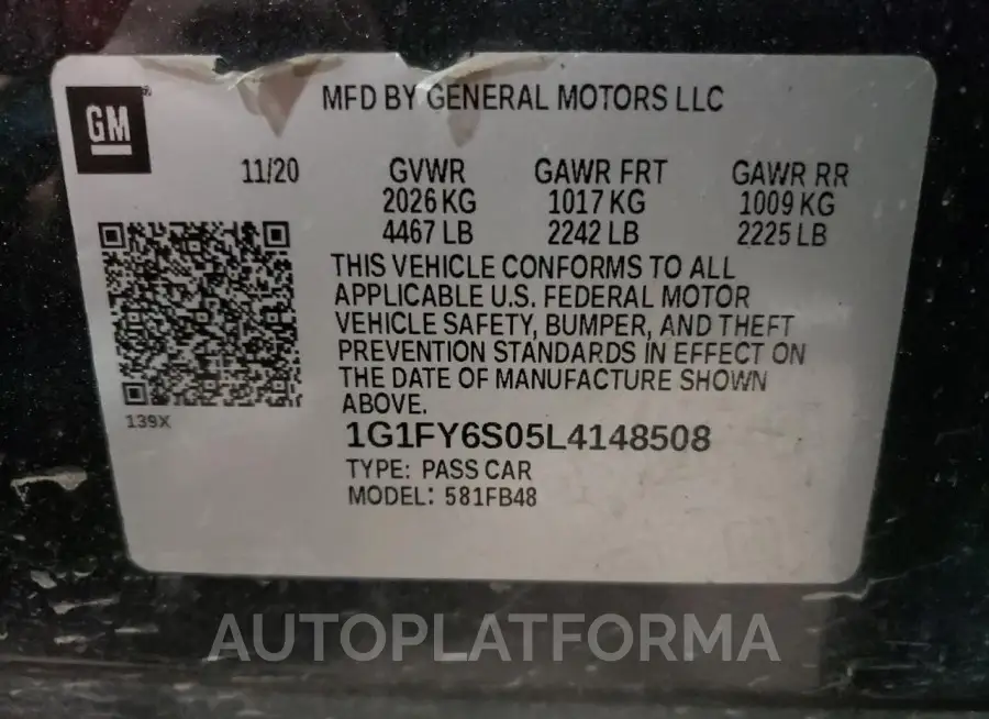 CHEVROLET BOLT EV LT 2020 vin 1G1FY6S05L4148508 from auto auction Copart