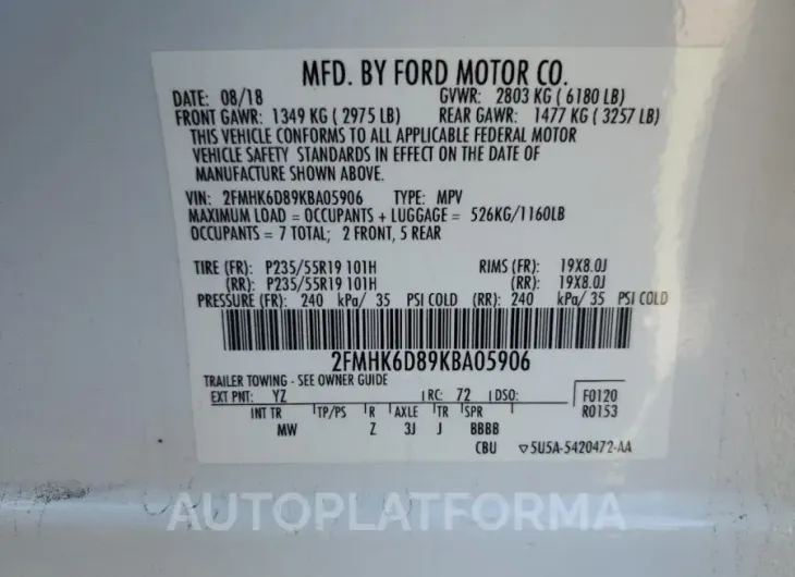 FORD FLEX LIMIT 2019 vin 2FMHK6D89KBA05906 from auto auction Copart