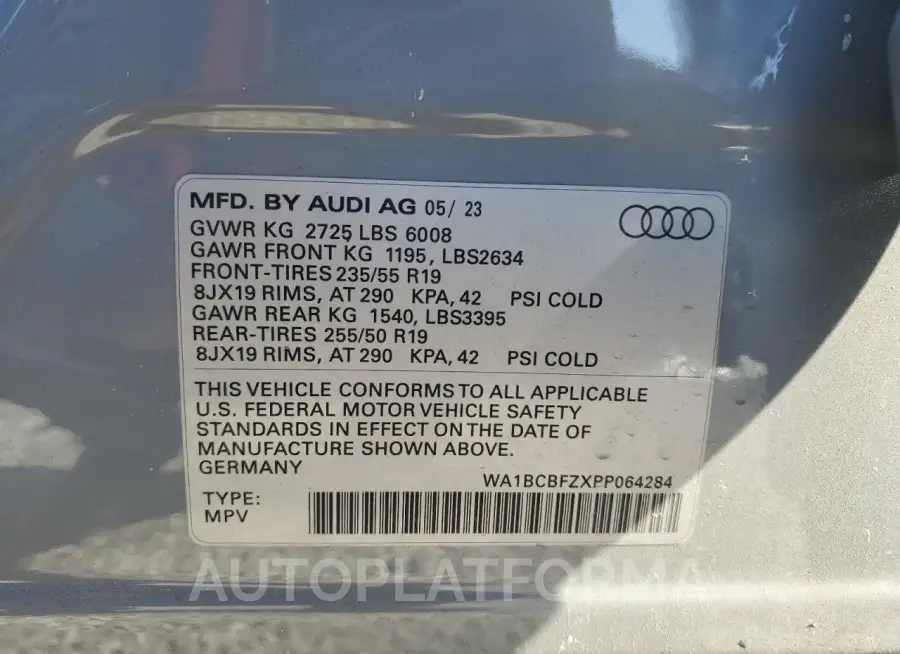 AUDI Q4 E-TRON 2023 vin WA1BCBFZXPP064284 from auto auction Copart