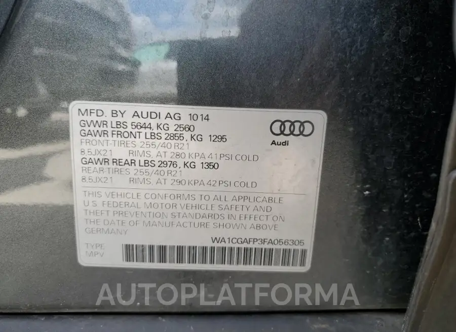 AUDI SQ5 PREMIU 2015 vin WA1CGAFP3FA056305 from auto auction Copart