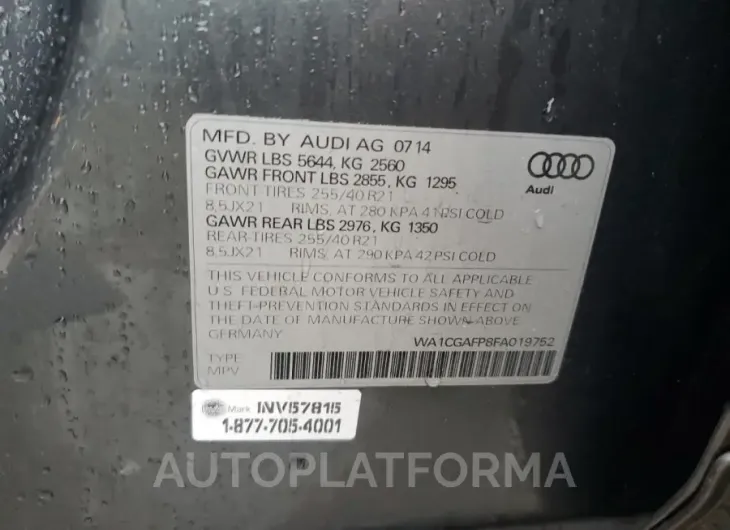 AUDI SQ5 PREMIU 2015 vin WA1CGAFP8FA019752 from auto auction Copart