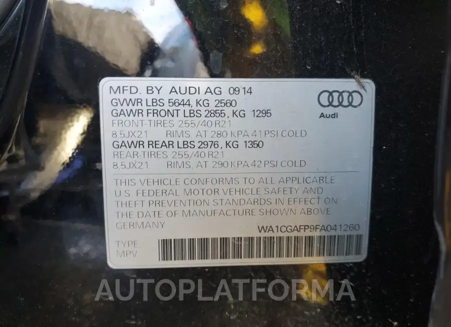 AUDI SQ5 PREMIU 2015 vin WA1CGAFP9FA041260 from auto auction Copart