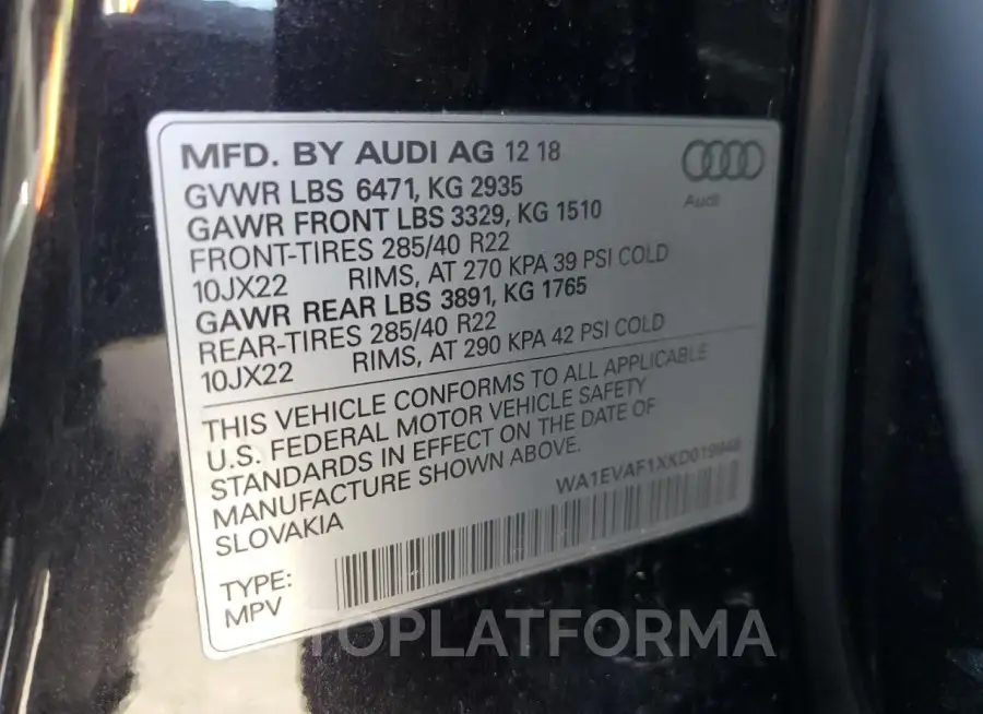 AUDI Q8 PREMIUM 2019 vin WA1EVAF1XKD019948 from auto auction Copart