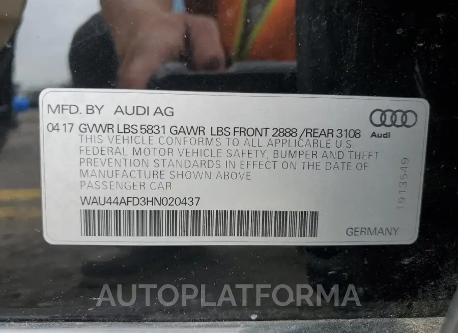 AUDI A8 L QUATT 2017 vin WAU44AFD3HN020437 from auto auction Copart