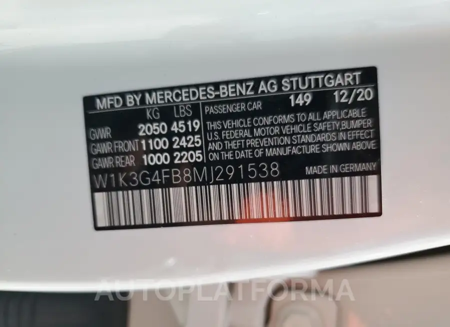 MERCEDES-BENZ A 220 4MAT 2021 vin W1K3G4FB8MJ291538 from auto auction Copart