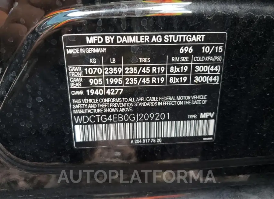 MERCEDES-BENZ GLA 250 2016 vin WDCTG4EB0GJ209201 from auto auction Copart