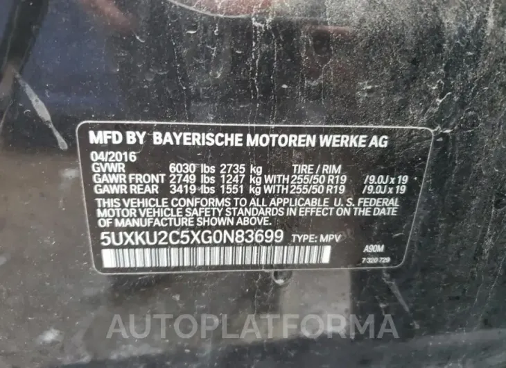 BMW X6 XDRIVE3 2016 vin 5UXKU2C5XG0N83699 from auto auction Copart