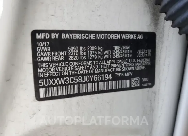 BMW X4 XDRIVE2 2018 vin 5UXXW3C58J0Y66194 from auto auction Copart