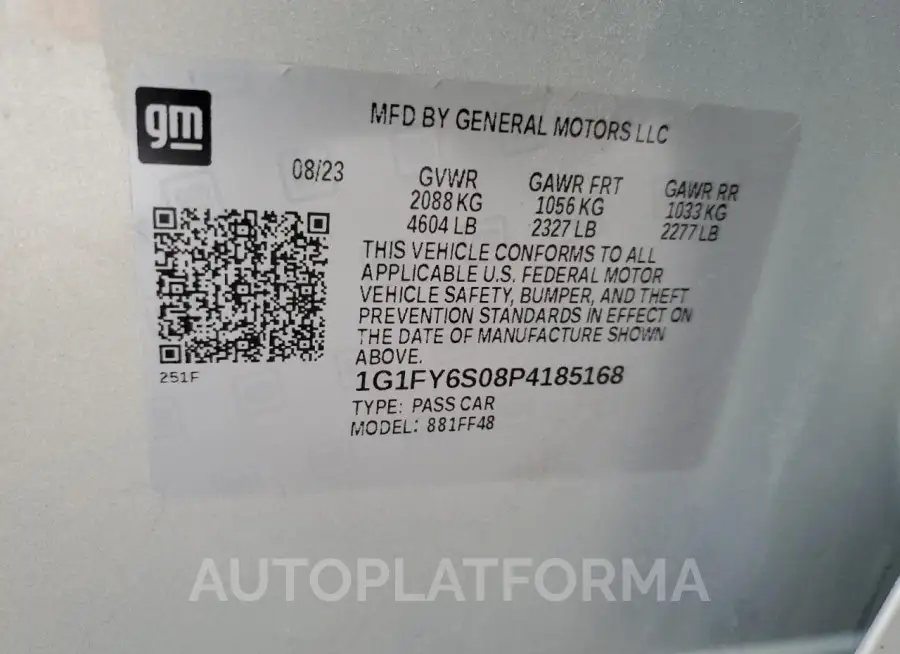 CHEVROLET BOLT EUV L 2023 vin 1G1FY6S08P4185168 from auto auction Copart