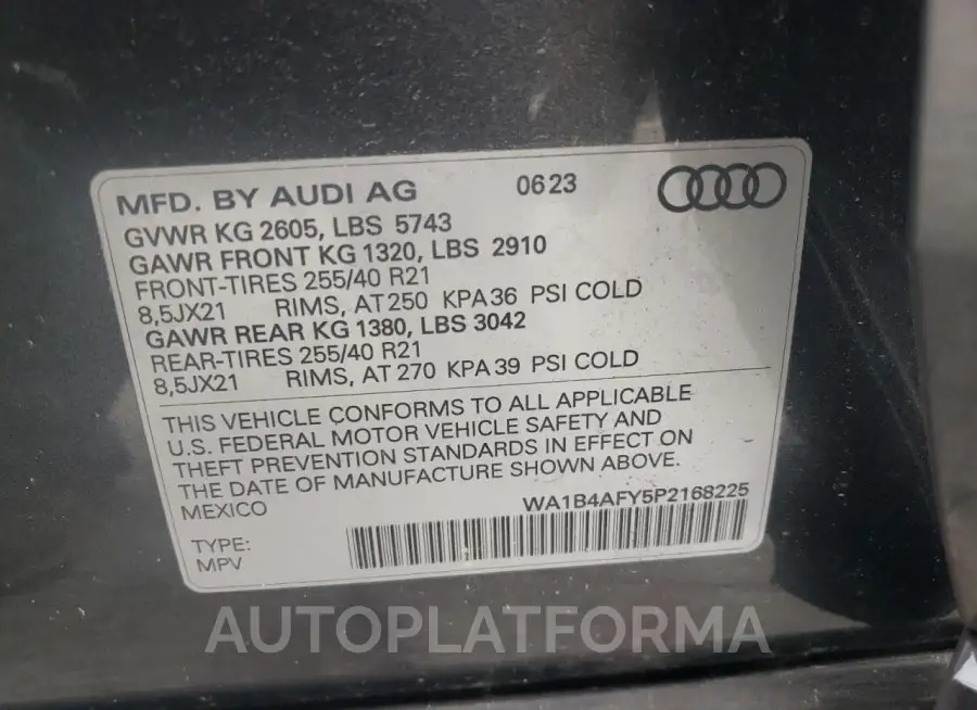 AUDI SQ5 PREMIU 2023 vin WA1B4AFY5P2168225 from auto auction Copart