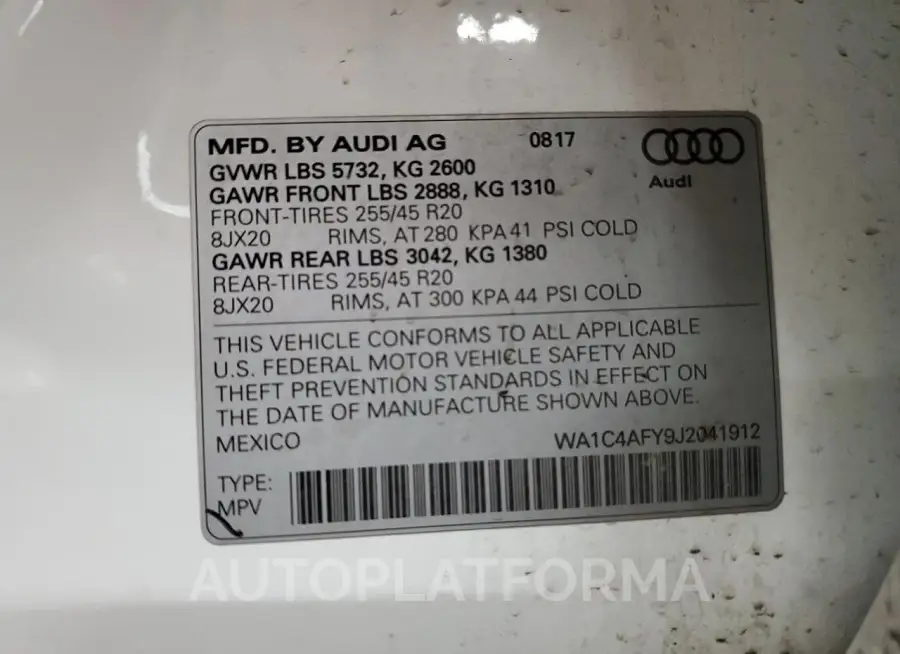 AUDI SQ5 PRESTI 2018 vin WA1C4AFY9J2041912 from auto auction Copart